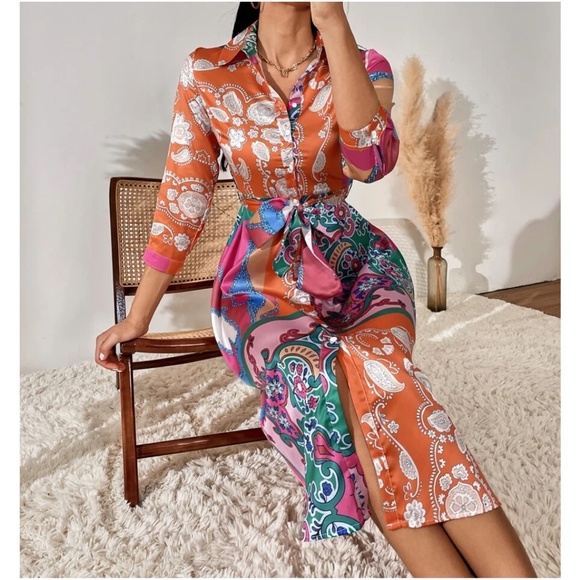 Boho Paisley Print Button up Satin Dress - Picture 2 of 7